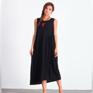 YOUGA Black Lagenlook Linen Minimalist Midi Dress -M/L